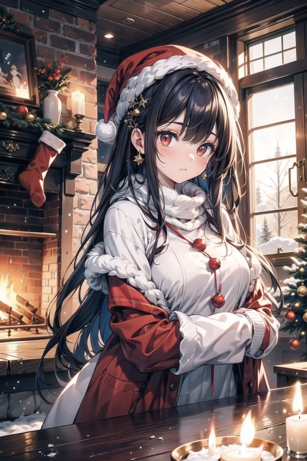 vibrant colors,  female,  masterpiece,  sharp focus,  best quality,  depth of field,  cinematic lighting,  ((solo,  adult woman)),  (illustration,  8k CG,  extremely detailed),  masterpiece,  ultra-detailed,  1 girl,  long hair,  flowing hair,  purple hair,  red eyes,  beautiful girl,  Title: "Winter Coziness: The Girl in Snowy Attire by the Christmas Hearth"
Within the comforting embrace of a winter haven,  a girl dressed in a cozy jacket and winter attire stands beside a Christmas tree,  while a fireplace crackles nearby. The detailed illustration captures the serene scene,  where warmth and holiday charm intermingle.
Adorned in snug winter clothing,  the room is adorned with the soft glow of holiday lights and the festive warmth of the fireplace. The Christmas tree stands adorned with ornaments,  creating a harmonious backdrop for the girl,  evoking a sense of seasonal tranquility and festive bliss.
In "Winter Coziness, " the illustration paints a comforting portrait of a girl immersed in the winter ambiance,  where her snowy attire,  the glow of the Christmas tree,  and the crackling fireplace create an inviting scene of yuletide charm and seasonal snugness.,<lora:EMS-179-EMS:0.400000>,<lora:EMS-3183-EMS:0.400000>,<lora:EMS-34736-EMS:0.200000>