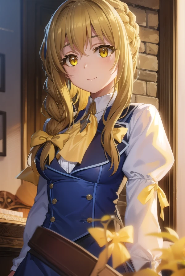 guildgirl, <lora:guild girl s2-lora-nochekaiser:1>,
guild girl, long hair, brown hair, (yellow eyes:1.5), braid, single braid, smile,
BREAK skirt, shirt, long sleeves, white shirt, pantyhose, black skirt, vest, long skirt, yellow ribbon, ascot, yellow ascot,
BREAK indoors, guild,
BREAK looking at viewer, (cowboy shot:1.5),
BREAK <lyco:GoodHands-beta2:1>, (masterpiece:1.2), best quality, high resolution, unity 8k wallpaper, (illustration:0.8), (beautiful detailed eyes:1.6), extremely detailed face, perfect lighting, extremely detailed CG, (perfect hands, perfect anatomy),