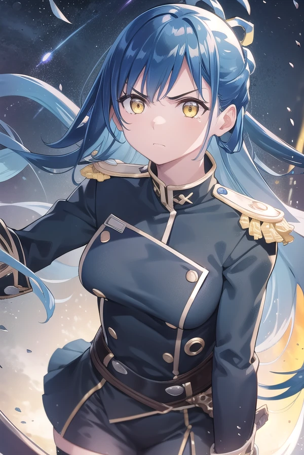 himariazuma, <lora:himari azuma manga-lora-nochekaiser:1>,
himari azuma, long hair, hair rings, (blue hair:1.5), (yellow eyes:1.5), frown, angry,
BREAK skirt, thighhighs, epaulettes, military, military uniform, black uniform,
BREAK outdoors, space, starry sky, star \(sky\), moon,
BREAK looking at viewer, (cowboy shot:1.5),
BREAK <lyco:GoodHands-beta2:1>, (masterpiece:1.2), best quality, high resolution, unity 8k wallpaper, (illustration:0.8), (beautiful detailed eyes:1.6), extremely detailed face, perfect lighting, extremely detailed CG, (perfect hands, perfect anatomy),