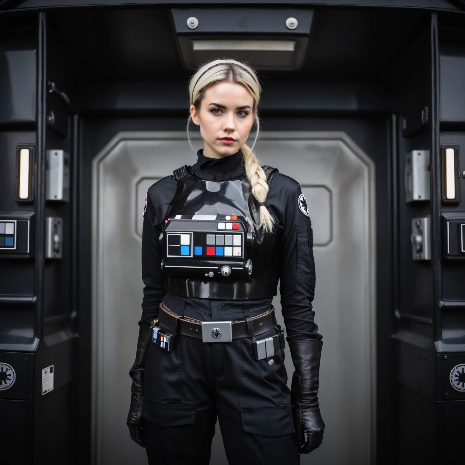 a cinematic film portrait still of a young and attractive female pale instagram model wearing Tie Pilot uniform, with platinum hair tied in a bun and wearing an officer cap, sitting on her sci-fi bunk bed, in a sci-fi ship, full body shot <lora:Imperial_Tie_Pilots:0.75>. shallow depth of field, vignette, highly detailed, high budget Hollywood movie by baz luhrmann, bokeh, cinemascope, moody, epic, gorgeous, film grain, grainy