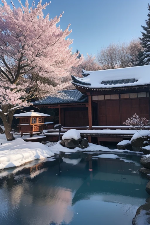 ltra-detailed,highly detailed,best quality,masterpiece,illustration,realistic,
wqmy, no humans, scenery, sky, tree, outdoors, water, east asian architecture, day, architecture, blue sky, house, building, onsen, cherry blossoms, rock, snow, steam, river, bare tree, bridge, reflection, shrine, winter, pond, plant, table 
<lora:wqmy_v1_03:0.7>