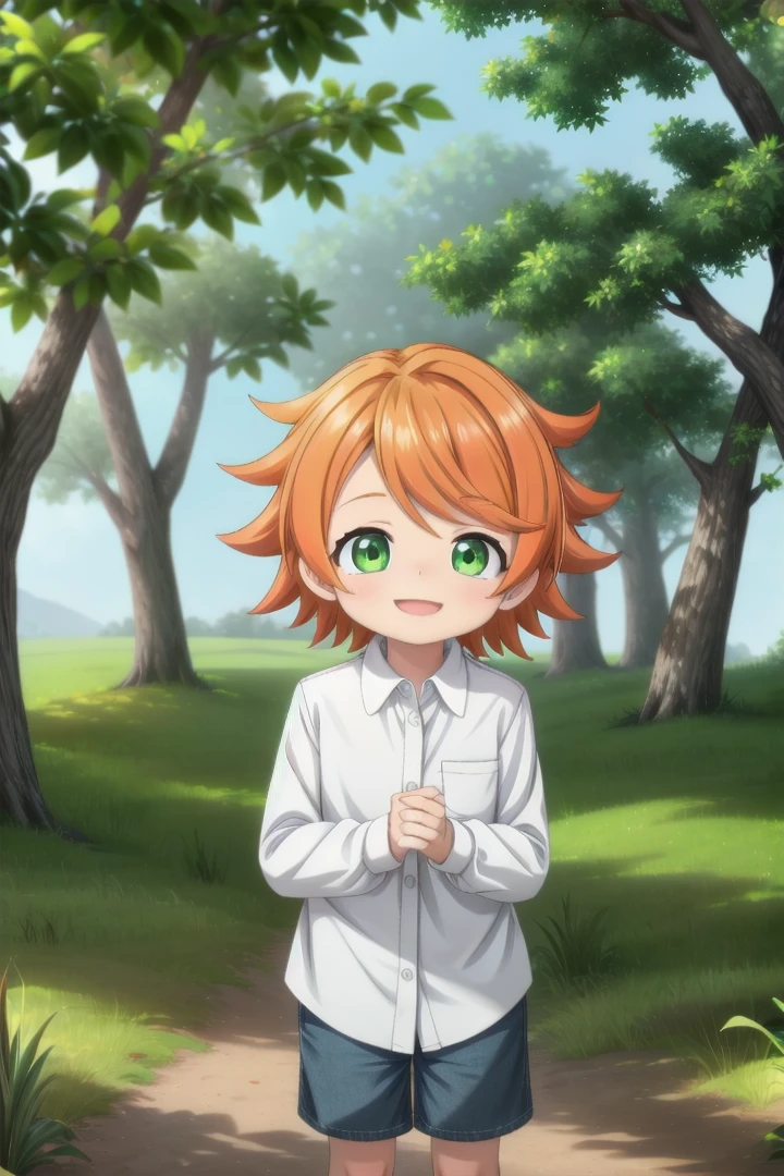 <lora:the-promised-neverland-emma-sd15-V10:0.6>
a 11-year-old girl neverland_emma standing on a beautiful green field with trees in the background, she has green eyes, short hair and wears a long sleeved white collared shirt, she has orange hair she has a bright smile, the sun is setting, The soft lighting and detailed surroundings create an immersive environment where imagination runs wild hyper-detailed, hyper-detailed face, high quality visuals, dim Lighting, sharply focused, octane render, 8k UHD