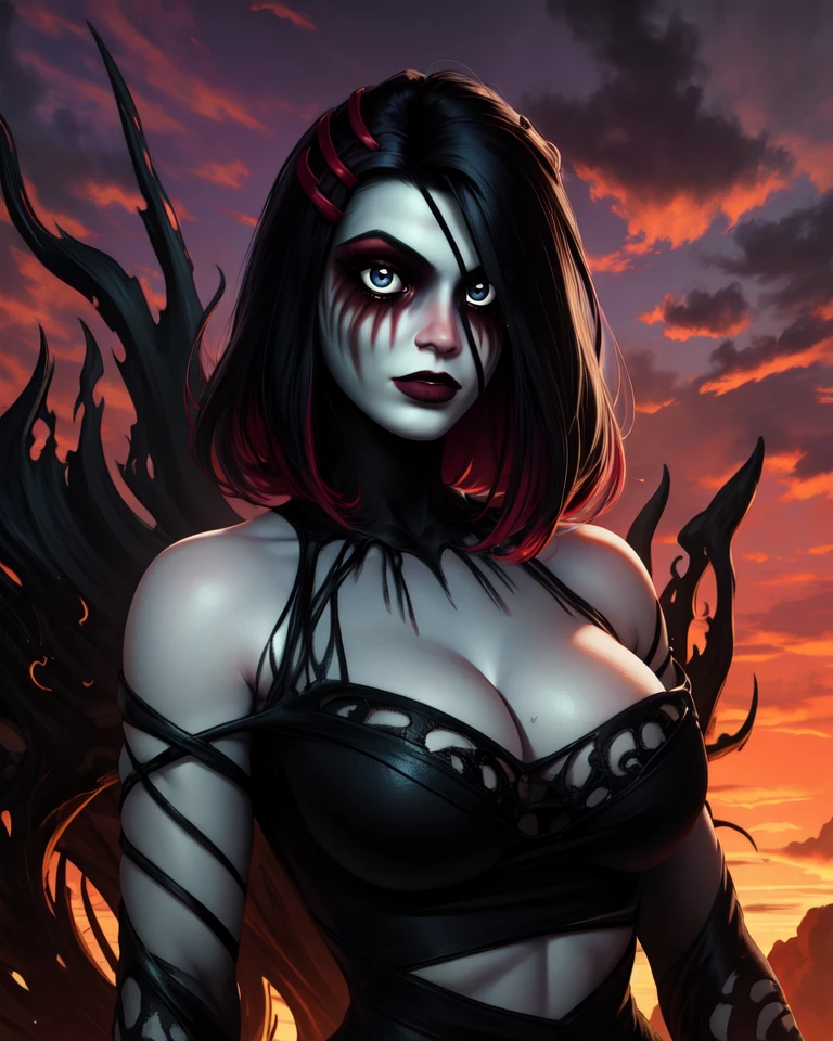 dpohilia,black hair,black eyes,pale skin,facial mark,
standing,upper body,black dress,cleavage,navel,light smile,
underworld,red sky,
(insanely detailed, beautiful detailed face,beautiful detailed eyes, masterpiece, best quality),<lora:DPohilia:0.7>,