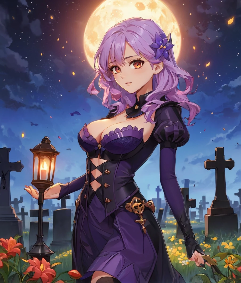 <lora:MadTale Style v2.0 XL:1.4> (madtalestyle:1.5), full body, (masterpiece), best quality, highres, 4k, 8k, intricate detail, cinematic lighting, amazing quality, amazing shading, soft lighting, Detailed Illustration, official artwork, anime style, wallpaper, official art, ultra detailed skin, ultra detailed face, perfect eyes, small skin imperfections, 1girl, Half-up, half-down hairstyle, saggy breasts, Skinny body, hazel eyes, Lilac hair, graveyard in background, candle lamps, stary sky, graveyard flowers
