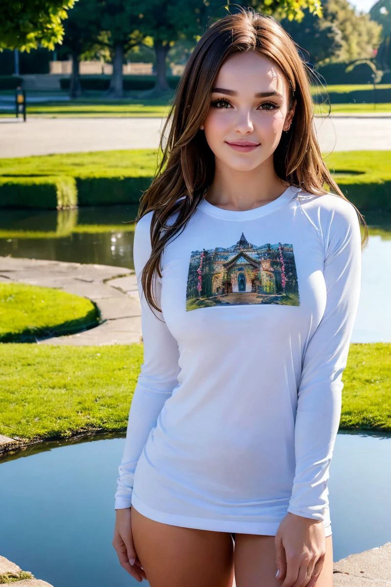 portrait of S254_RissaMay,a beautiful woman,in a (park-pond:1.1),wearing an (long-sleeve t-shirt:1.1),(wet-hair),(4k, RAW photo, best quality, depth of field, ultra high res:1.1),(absurdres, intricate, photorealistic, masterpiece, ultra-detailed:1.2),