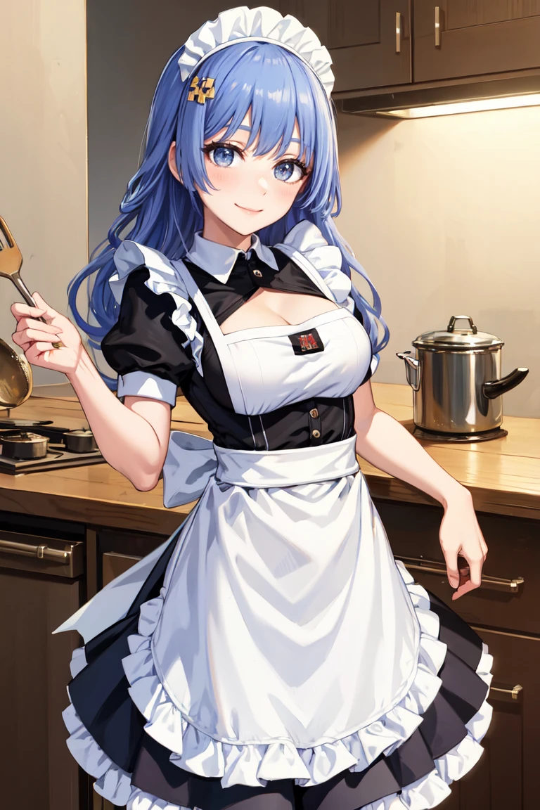 masterpiece, best quality, absurdres, IzayoiMiku, long hair, maid, maid headdress, maid apron, kitchen, smile, <lora:CHAR-IzayoiMiku:1>