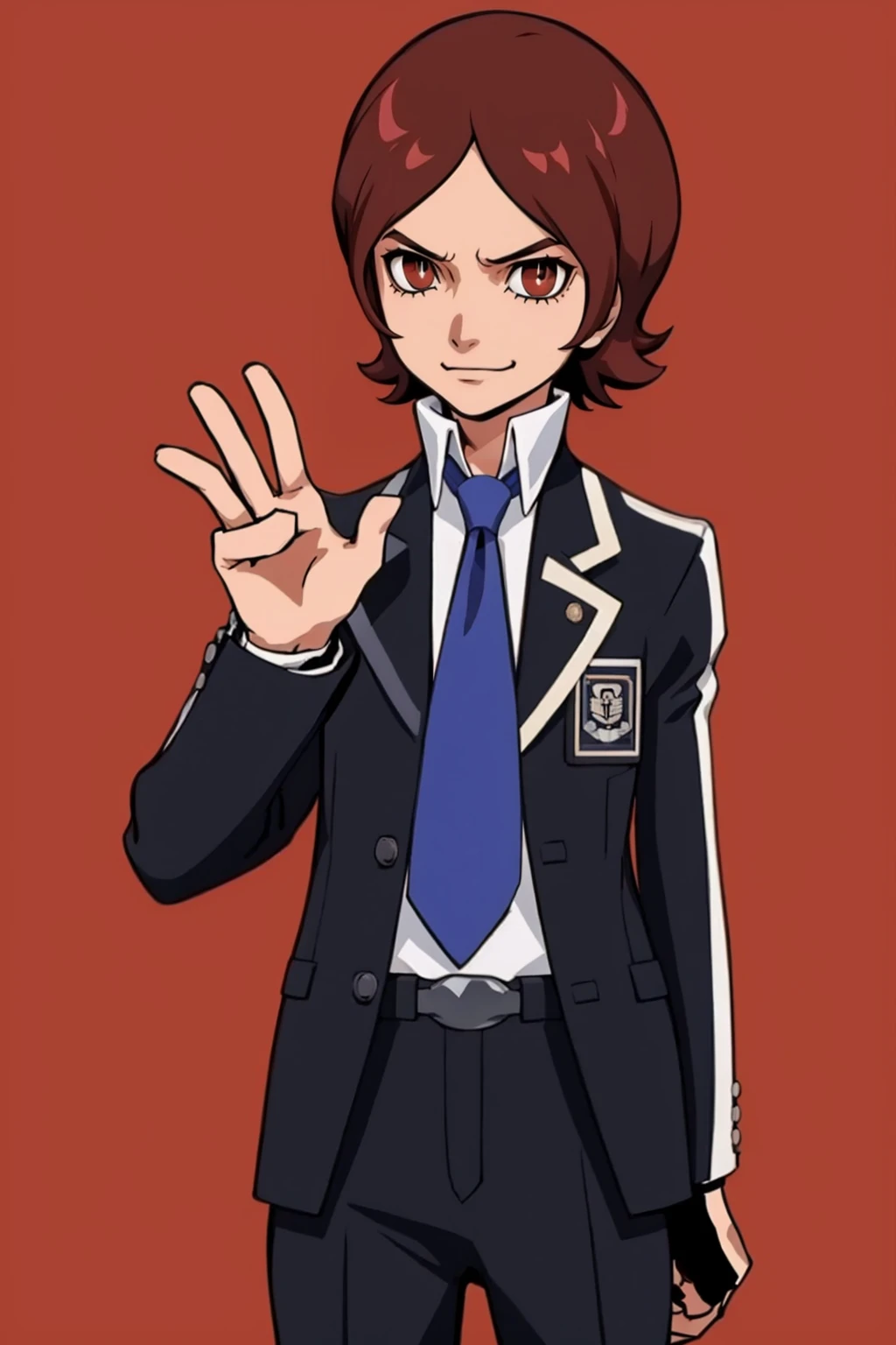 masterpiece, best quality, solo, 1boy, smirk, looking at viewer, <lora:P5-tactica_Fp:1>, simple background, <lora:Tatsuya_Fp:1> tatsuyais, school uniform, necktie, pants, standing, black jacket