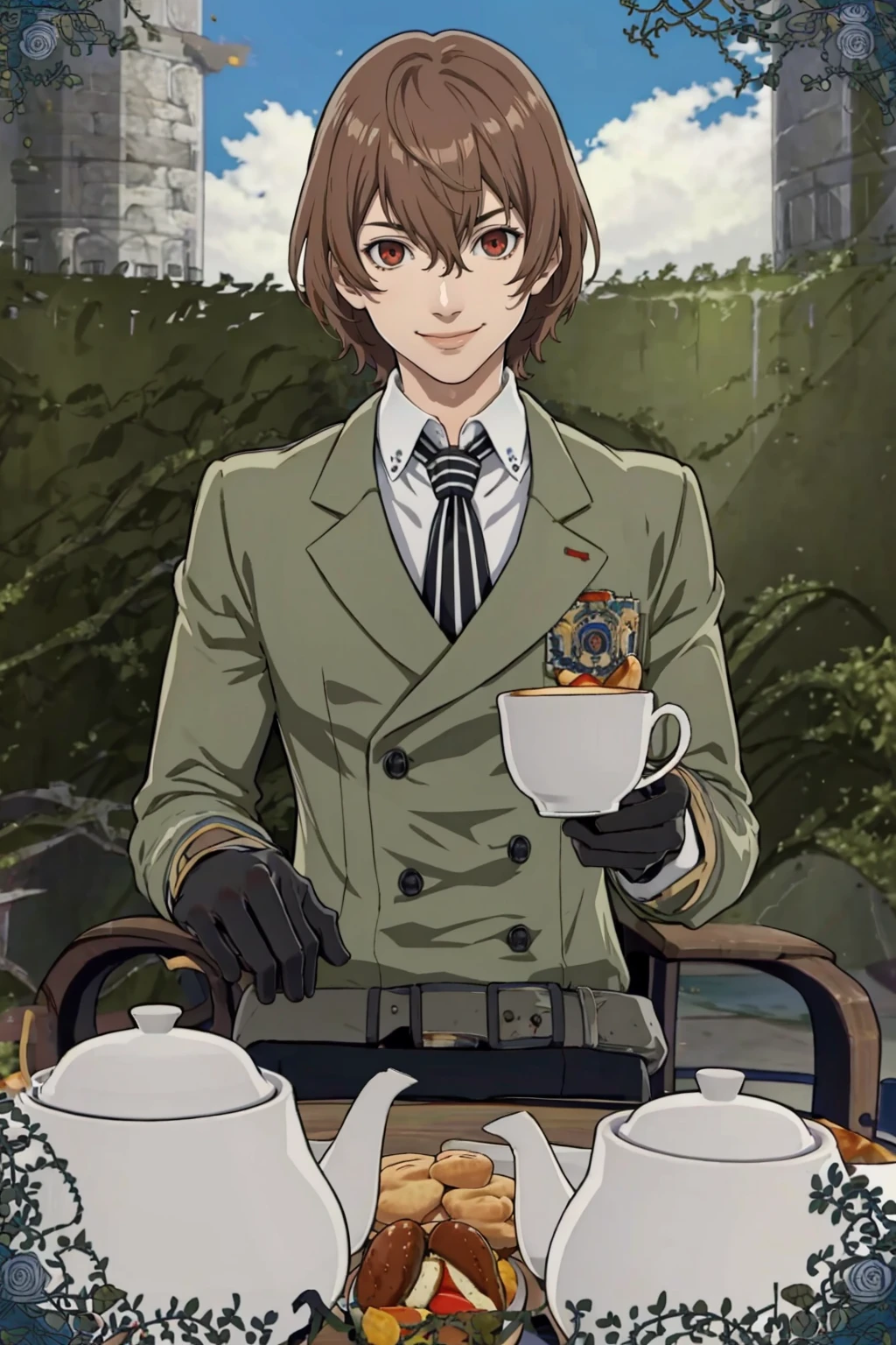 masterpiece, best quality, solo, 1boy, looking at viewer, smile, <lora:Akechi_Fp:1>, akechip5, collared shirt, jacket, gloves, pants, necktie, <lora:Teatime-concept_Fp:0.8>, cup, table, food, teapot, outdoors, sitting