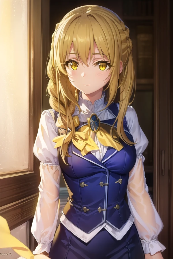 guildgirl, <lora:guild girl s2-lora-nochekaiser:1>,
guild girl, long hair, brown hair, (yellow eyes:1.5), braid, single braid, smile,
BREAK skirt, shirt, long sleeves, white shirt, pantyhose, black skirt, vest, long skirt, yellow ribbon, ascot, yellow ascot,
BREAK indoors, guild,
BREAK looking at viewer, (cowboy shot:1.5),
BREAK <lyco:GoodHands-beta2:1>, (masterpiece:1.2), best quality, high resolution, unity 8k wallpaper, (illustration:0.8), (beautiful detailed eyes:1.6), extremely detailed face, perfect lighting, extremely detailed CG, (perfect hands, perfect anatomy),