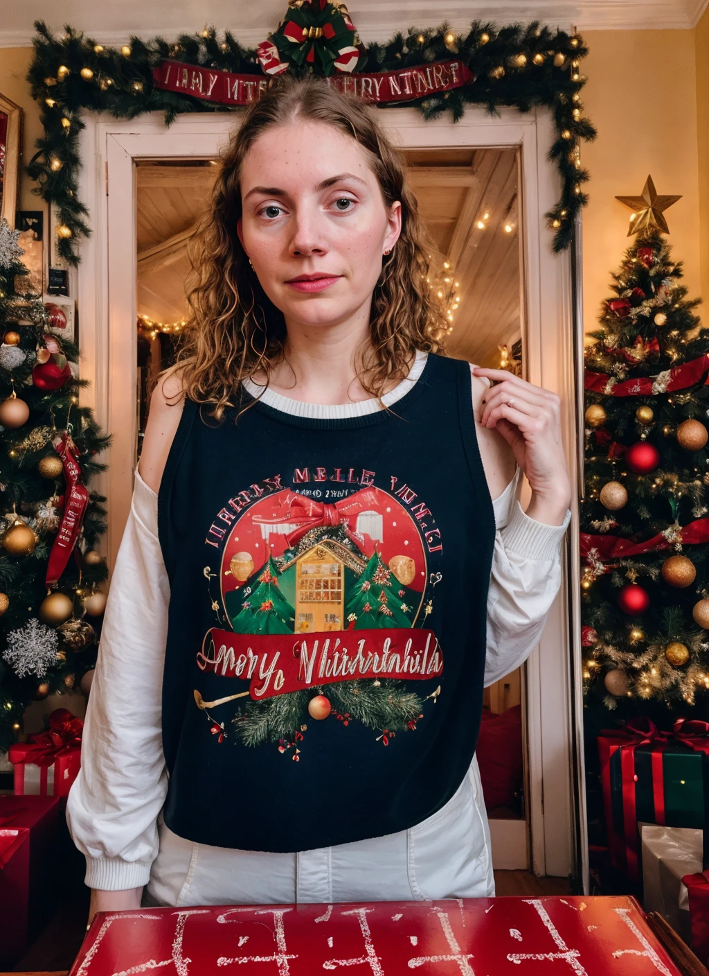 RAW photo of 20 years old allisonpregler-ti, natural lighting, 8k uhd, dslr, high quality, film grain, Fujifilm XT3, <lora:add_detail:0.7>, by Peter Lindbergh, christmas theme, young