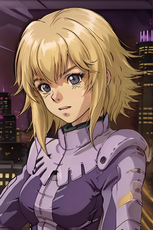 female,Lilia Flaubert,(yellow hair), purple pilotsuit, city view , night, <lora:lila:1>