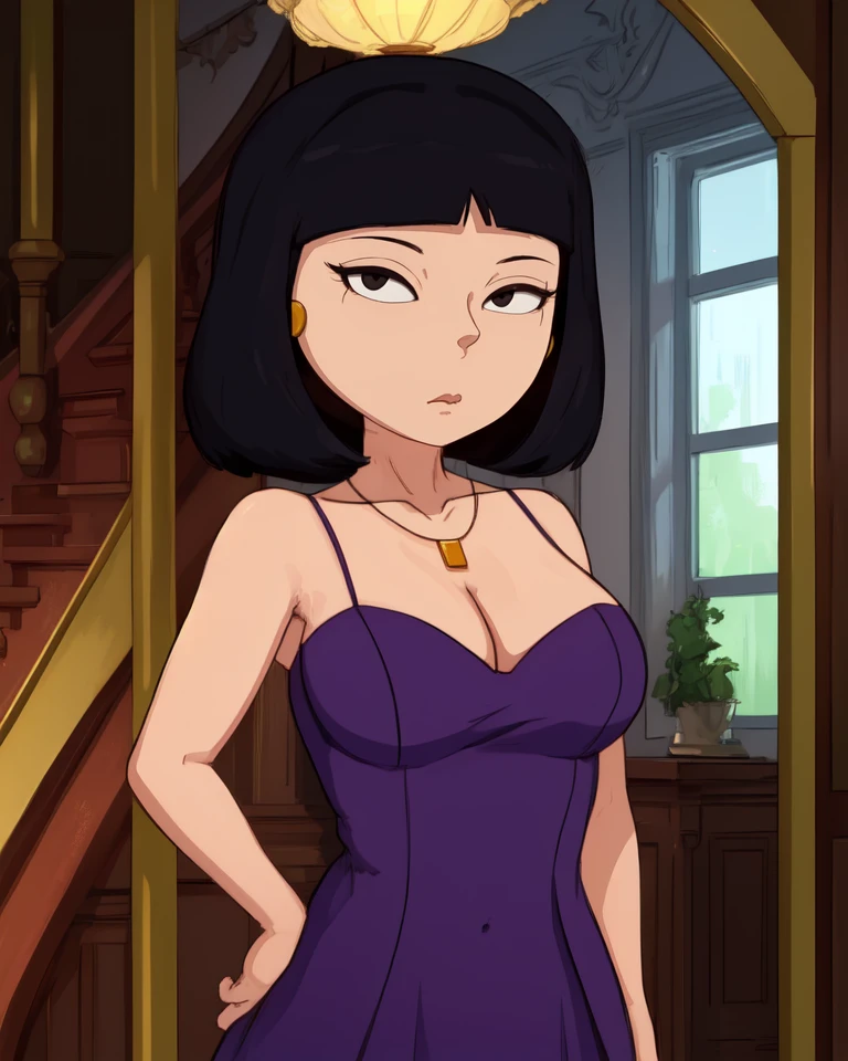 Tricia,black eyes,expressionless,
purple dress,necklace,cleavage,
standing,upper body,hips,
mansion,night,solo,indoors,
(insanely detailed, beautiful detailed face, masterpiece, best quality),<lora:Tricia-10FG:0.7>,