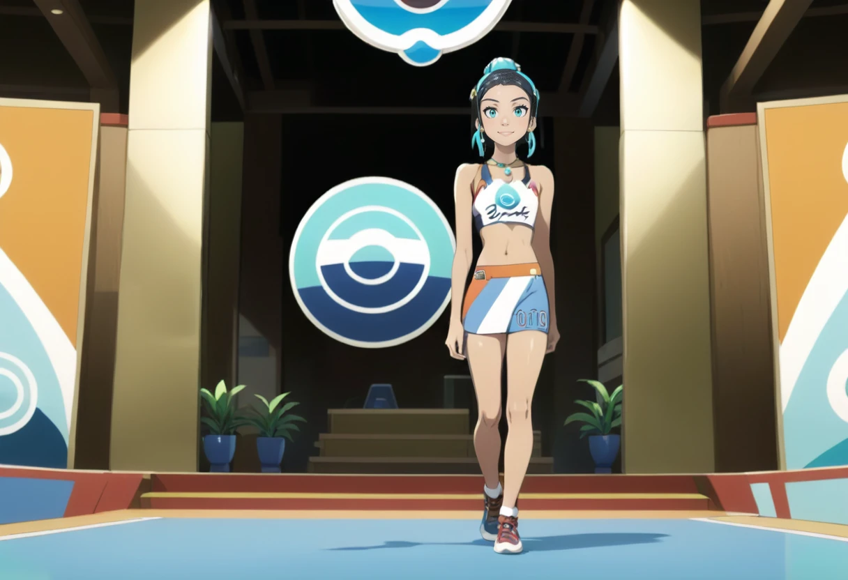 1girl, 1boy (masterpiece, best quality, ultra_detailed, highres, absurdres:1.2), <lora:nessa-xl-000023:1> nessa \(pokemon\), 1girl, (solo:1.4), (alone:1.4), standing, slight smile, hair bun, hair ornament, necklace, hoop earrings, indoor, pokemon aqua arena