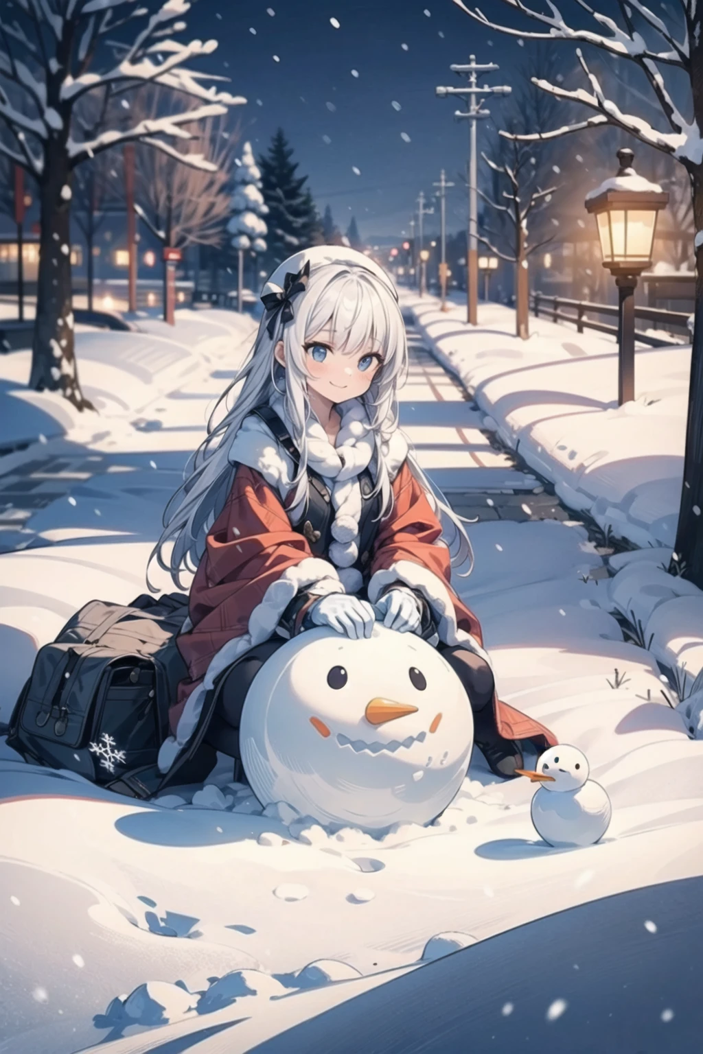 vibrant colors,  female,  masterpiece,  sharp focus,  best quality,  depth of field,  cinematic lighting,  ((solo,  adult woman)),  (illustration,  8k CG,  extremely detailed),  masterpiece,  ultra-detailed,  1 girl,  long hair,  white hair,  red hair locks,  serene snowy landscape,  a girl joyfully shapes a snowman,  infusing the wintry scene with whimsy,  detailed illustration captures the delightful moment as she sculpts the snow into a charming companion,  epitomizing the magic of a snowy day,  dressed in winter attire,  the landscape is adorned with the soft glow of falling snowflakes,  creating a tranquil ambiance. Each pat of snow forms the snowman's features,  and the scene resonates with the laughter and merriment of a cherished winter tradition.,<lora:EMS-179-EMS:0.400000>,<lora:EMS-3183-EMS:0.400000>,<lora:EMS-732-EMS:0.200000>