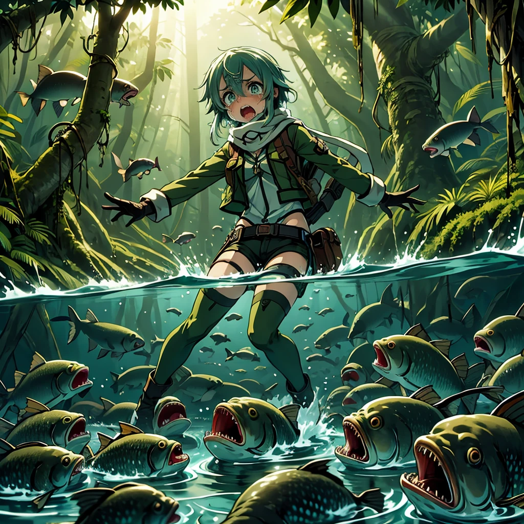 masterpiece,best quality,highly detailed,1girl,solo,scared,panicking,constricted pupils,screaming,raised eyebrows,wide-eyed,crying,tears,
<lora:sinon_v5:0.75>,sinon1,scarf,fingerless gloves,long sleeves,short shorts,hair ornament,hairclip,green thighhighs,green jacket,thigh strap,
BREAK
<lora:piranha:0.6>,underPartWater,partially underwater shot,partially submerged,afloat,wading,ripples,forest,tree,jungle,river,looking down,(too many evil fish,too many evil piranha, too many evil piranha surrounded),
