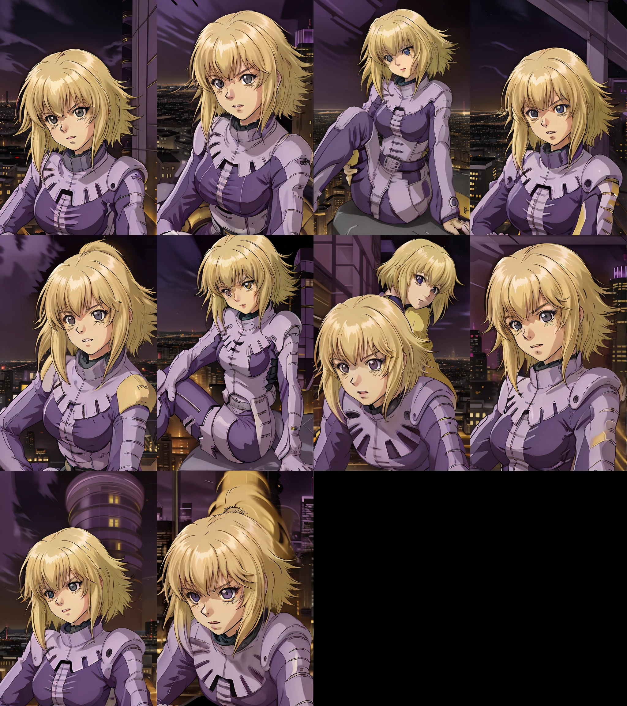 female,Lilia Flaubert,(yellow hair), purple pilotsuit,  city view , night,  <lora:lila:1>