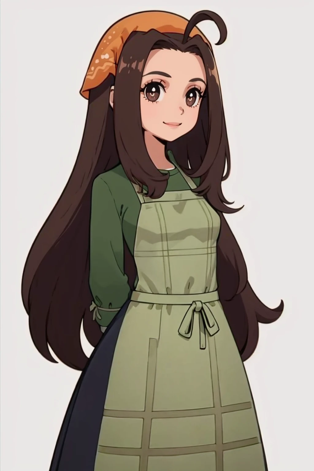 masterpiece, best quality, solo, 1girl, smile, looking at viewer, <lora:P5-tactica_Fp:1>, simple background, <lora:Celia_Fp:1>, celiahm, dress, apron, bandana, green shirt, arms behind back, brown eyes,