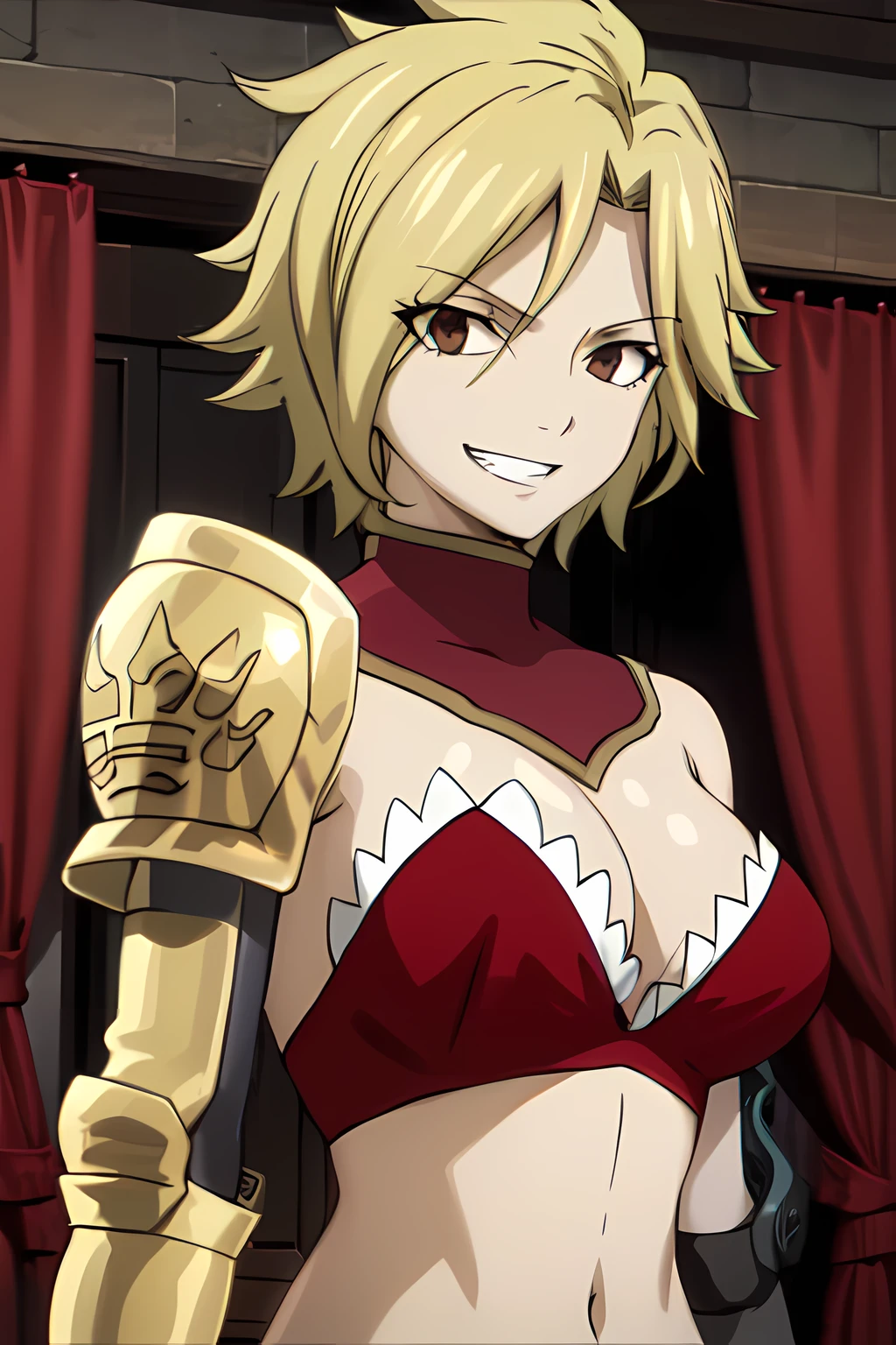 masterpiece, absurdres , (intricate details), (colorful),cinematic lighting,bust shot,extremely detailed CG unity 8k wallpaper, <lora:dimaria-051:1> dimariayesta, shoulder armor, midriff, bare shoulders, looking at viewer, grin,