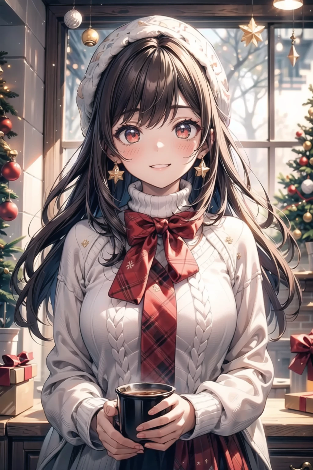 vibrant colors,  female,  masterpiece,  sharp focus,  best quality,  depth of field,  cinematic lighting,  ((solo,  adult woman)),  (illustration,  8k CG,  extremely detailed),  masterpiece,  ultra-detailed,  1 girl,  long hair,  brown hair,  flowing hair,  red eyes,  beautiful girl,  Title: "Cozy Festivities: The Girl in a Christmas Sweater"
Amidst the winter festivities,  a girl dons a charming Christmas sweater,  radiating warmth and holiday cheer. The detailed illustration captures the joyful atmosphere as she embraces the coziness of the season,  adorned in festive patterns.
Dressed in winter attire that complements the holiday spirit,  the room is bathed in soft,  festive lighting,  creating a warm ambiance. Every detail,  from the intricate design of the sweater to the girl's cheerful expression,  contributes to the festive charm of the scene.
In "Cozy Festivities, " the illustration paints a heartwarming portrait of a girl immersed in the joy of the holiday season,  where the Christmas sweater becomes a delightful symbol of comfort and merriment,  echoing the spirit of festive celebration.,<lora:EMS-3183-EMS:0.400000>,<lora:EMS-34736-EMS:0.200000>,<lora:EMS-179-EMS:0.400000>