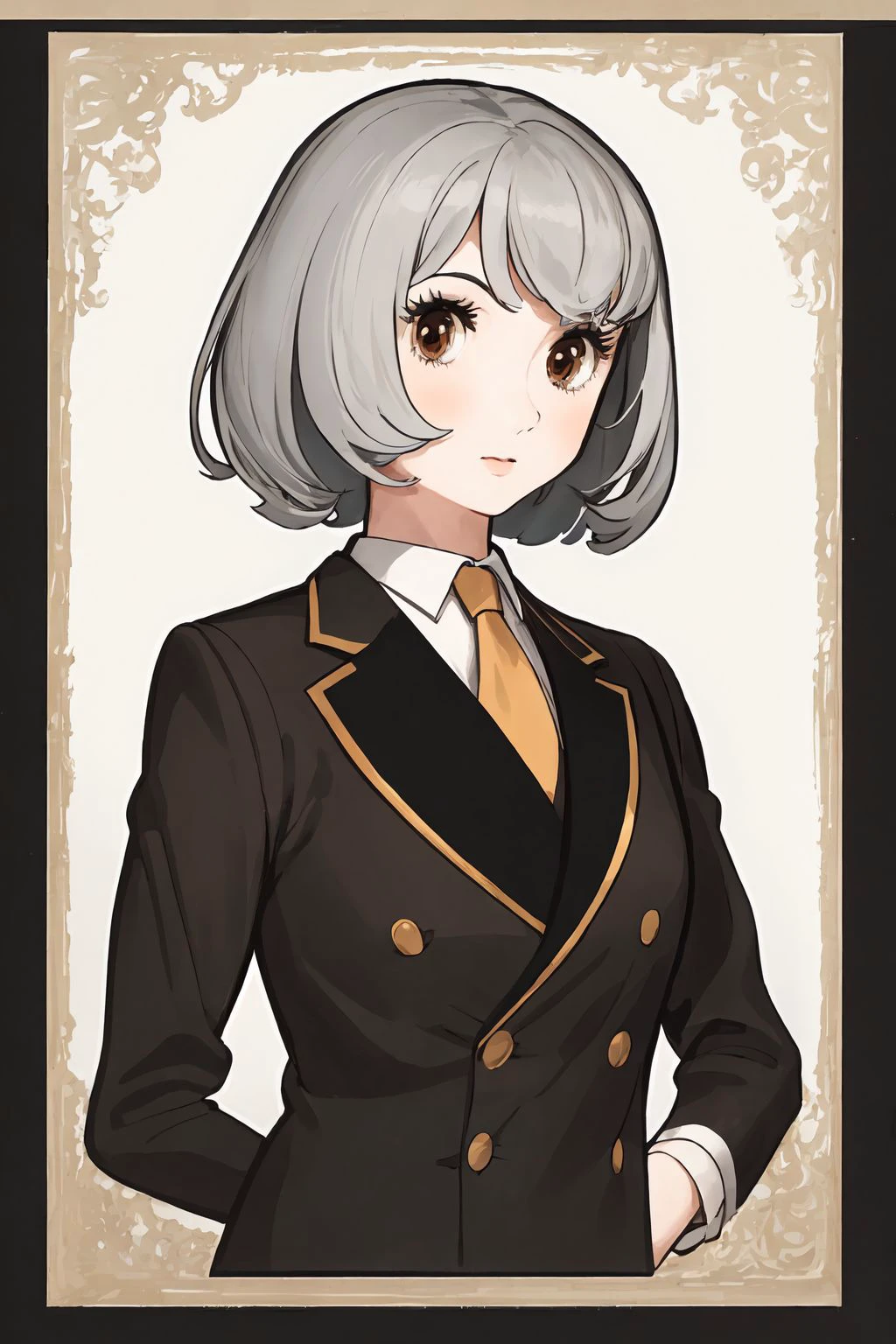 upper body,  solo, 1girl, grey hair, brown eyes, formal wear, <lora:osamu_tezuka_style_v02:1>