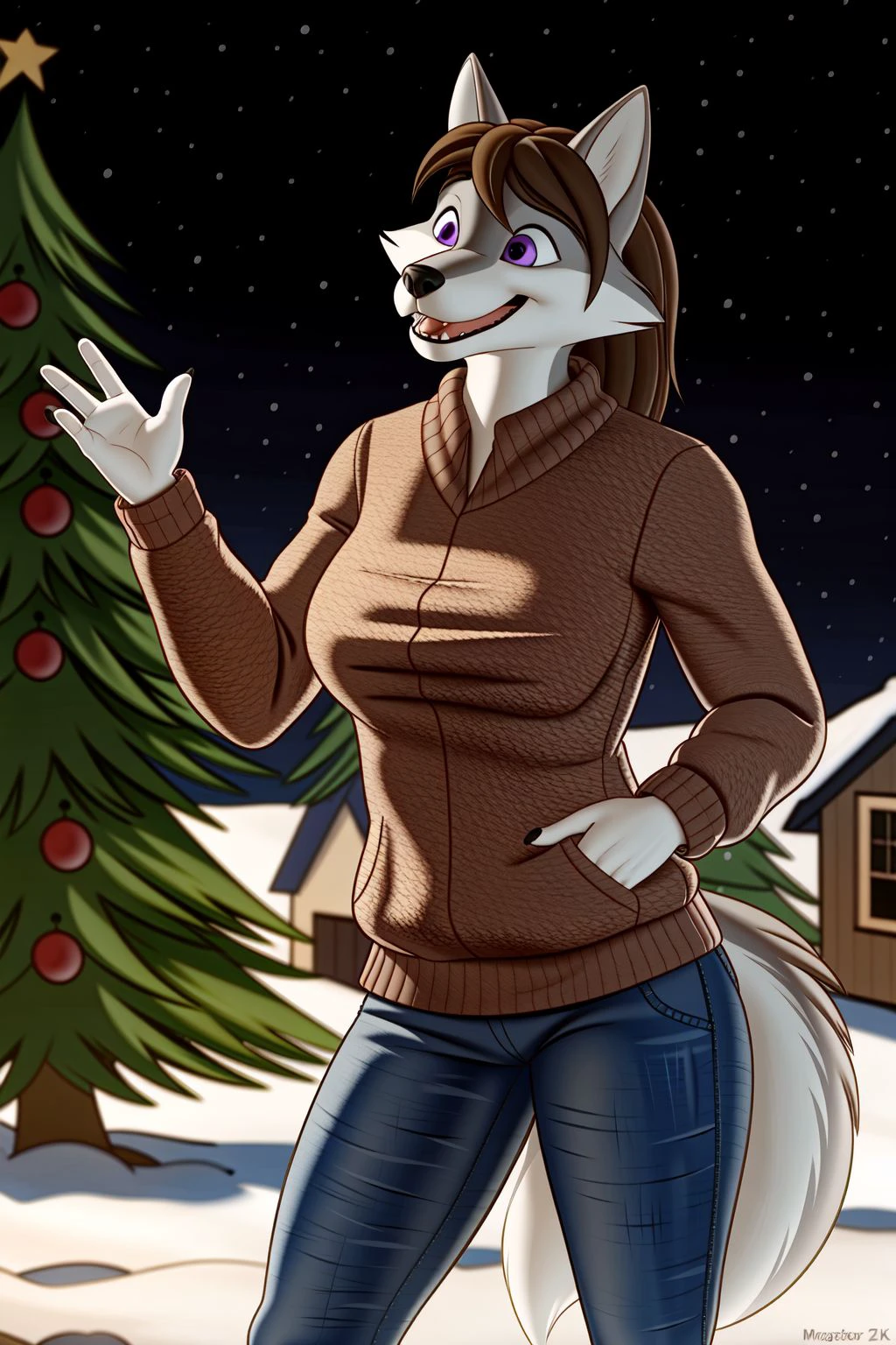 (fluff-kevlar, by Zackary911, by Kenket, by Kilinah, by fluff-kevlar, (masterpiece), (best quality), (anthro furry:1.3, snout:1.2, anthro:1.3, furry:1.2, solo female:1.2), (extremely detailed:1.3), (extremely detailed eyes), (slim figure), (thick thighig breastlack ripped jeans, choker, wearing a red off-shoulder sweater, christmas hat, day time, (mall, christmas themed background), standing, embarrassed, blushing, looking at breasts, large breasts, (perfect posture, king expression), exhausted, pleasure, brown hair, tan fur