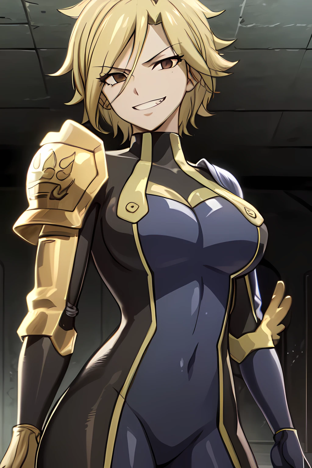 masterpiece, absurdres , (intricate details), (colorful),cinematic lighting,bust shot,extremely detailed CG unity 8k wallpaper, <lora:dimaria-051:1> dimariayesta, shoulder armor, bodysuit, looking at viewer, grin,