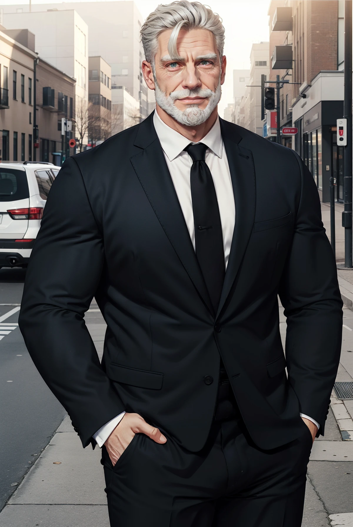 1 male, old male,  muscular,   black suit , green eyes, outdoors,   street background,  hands in pocket
<lora:leo leibling3:0.55>