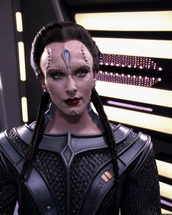 cardassian, female, vetarofficer, pretty, (25 years old:1.2), grey skin, updo plaits hair, reptile scales on sides of neck, wearing eyeshadow, wearing lipstick, perfecteyes eyes, wearing cardassian military uniform, facing viewer, cameron, (front view:1.2), 1girl, solo, medium shot, sci-fi city background, perfect lighting, <lora:cardassian_lora_v2:0.7>, <lora:locon_perfecteyes_v1_from_v1_64_32:0.2>