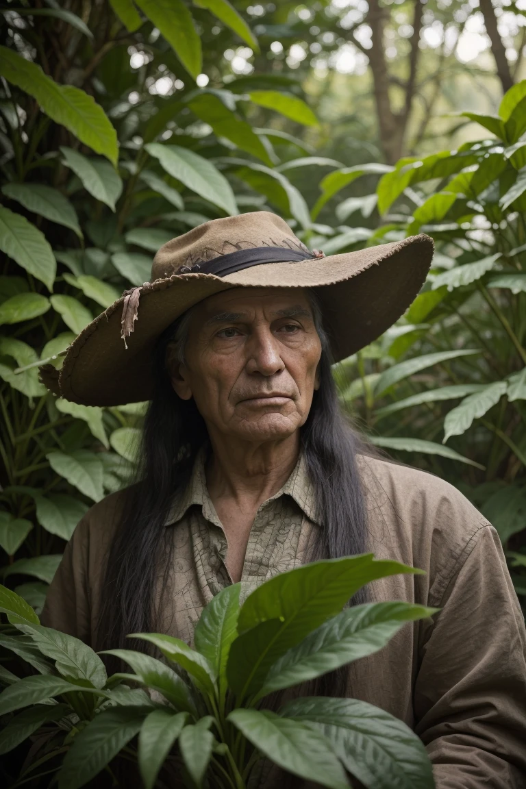 a beautiful portrait of chief dan george taking tobacco in the jungle, hyper realistic face, fantasy art, in the style of, intricate, hyper detailed, smooth  photography 4 k painting beautiful a landscape serene surreal flowers forest mountains waterfall cinematic light, back light morning light, (portrait photo of :1.24), natural (watermark:-1.3) professional, simple
