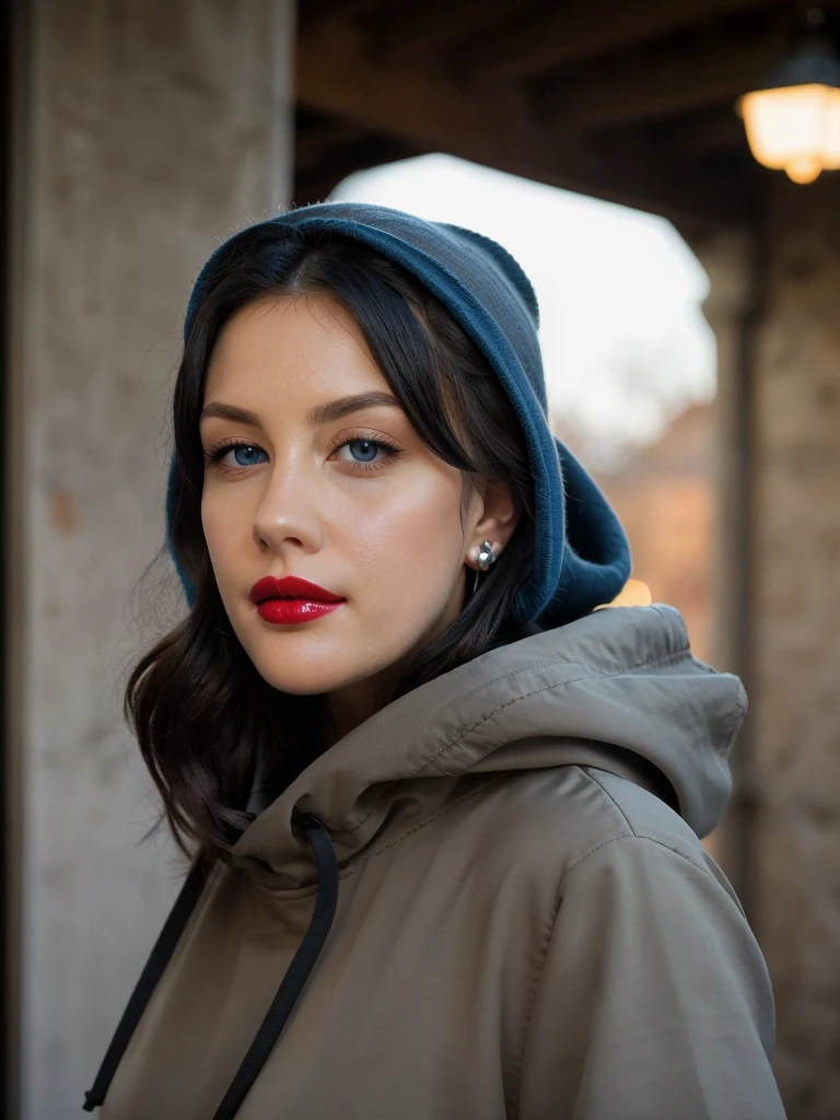 Realistic photo of a beautiful l1vt woman, 1girl,solo,looking at viewer,blue eyes,black hair,jewelry,earrings,hood,lips,makeup,lipstick,portrait,close-up,hood up,realistic,red lips,stud earrings,soft lighting, professional Photography, Photorealistic, detailed, RAW, analog, sharp focus, 8k, HD, high quality, masterpiece<lora:l1vt:1.0>