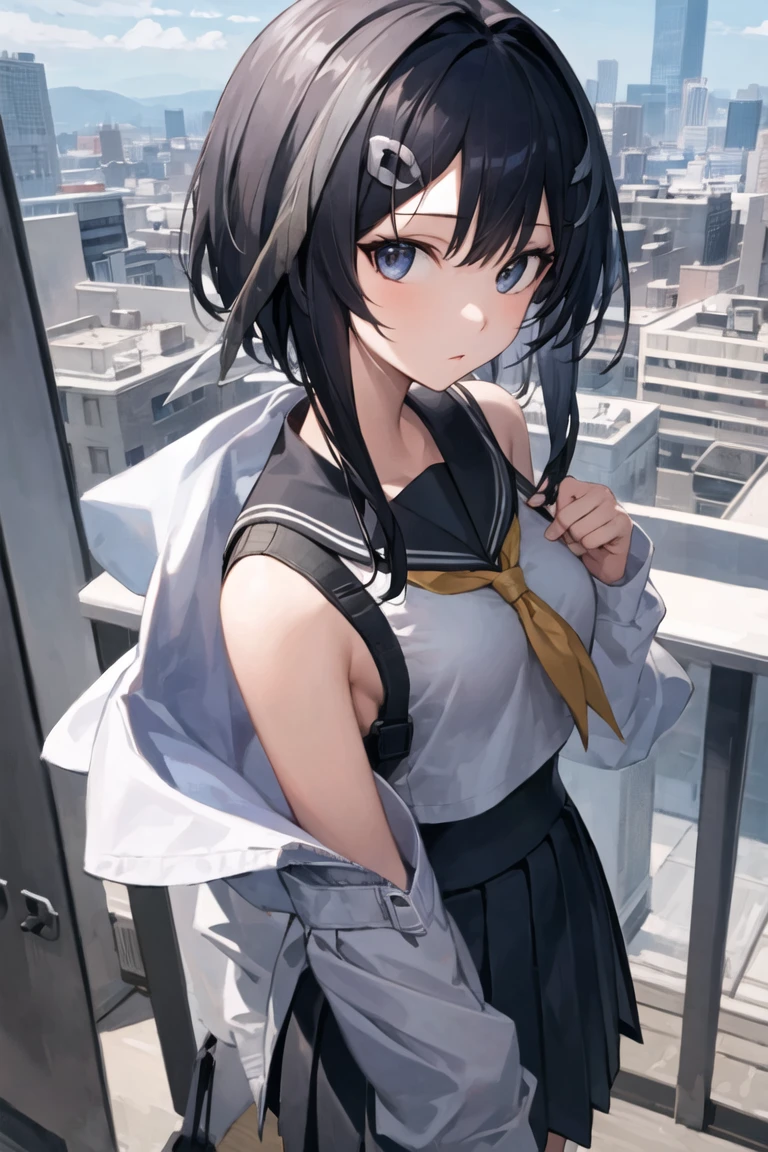 cityscape,
1girl,solo,looking at viewer,
<lora:la-pluma-mk7:1>,lapluma,laplumaalt,
black hair,short hair,hairclip,sidelocks,hair intakes,
feather hair,hair clip,
serafuku,pleated skirt,