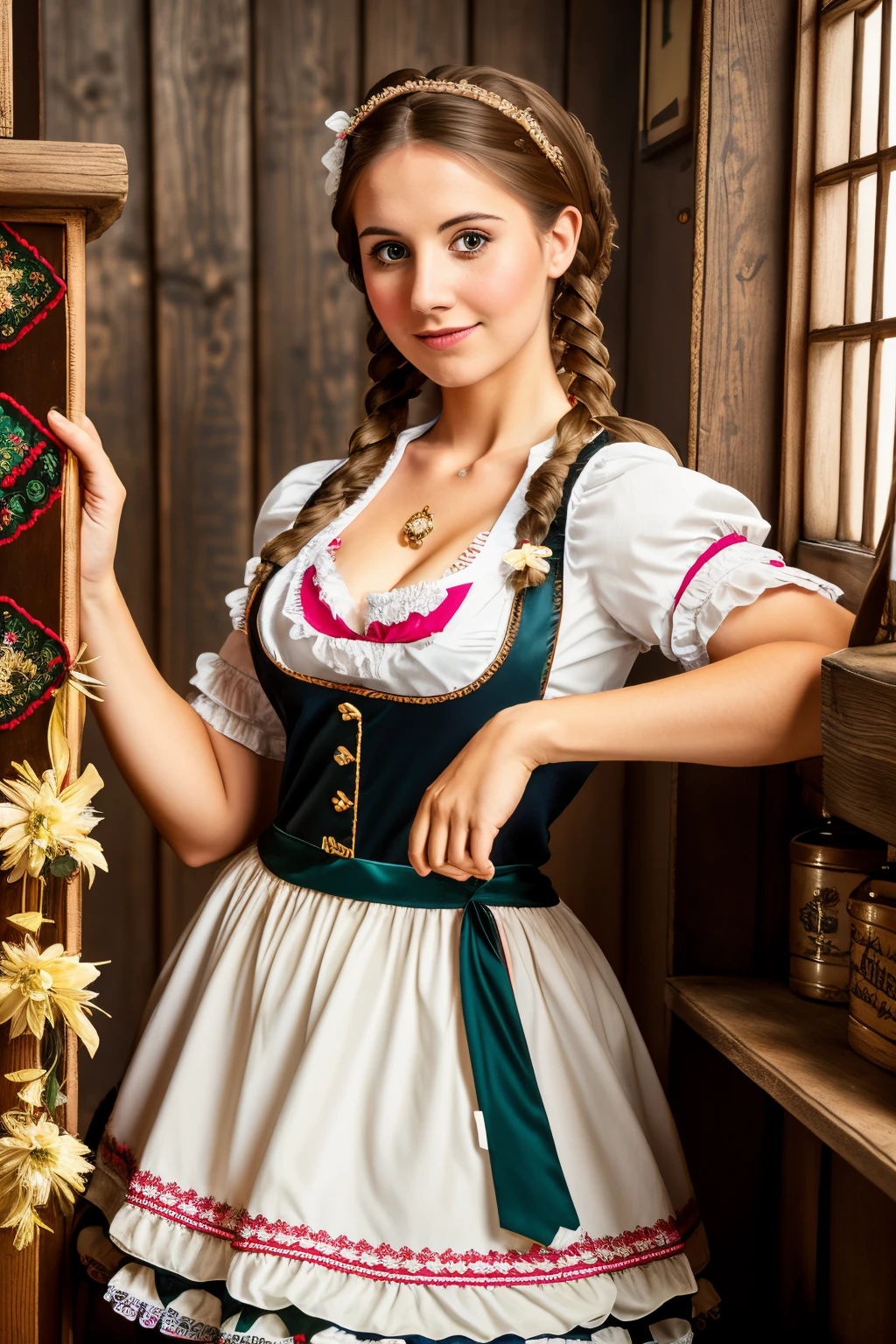 portrait painting of 1girl as german woman, annie, dirndl, german clothes, brownhair, , twin braids, cleavage, detailed skin, oktoberfest, modelshoot style, (extremely detailed CG), realistic, 8k uhd, dslr, soft lighting, high quality, film grain, Fujifilm XT3 <lora:AnnieV2:1>