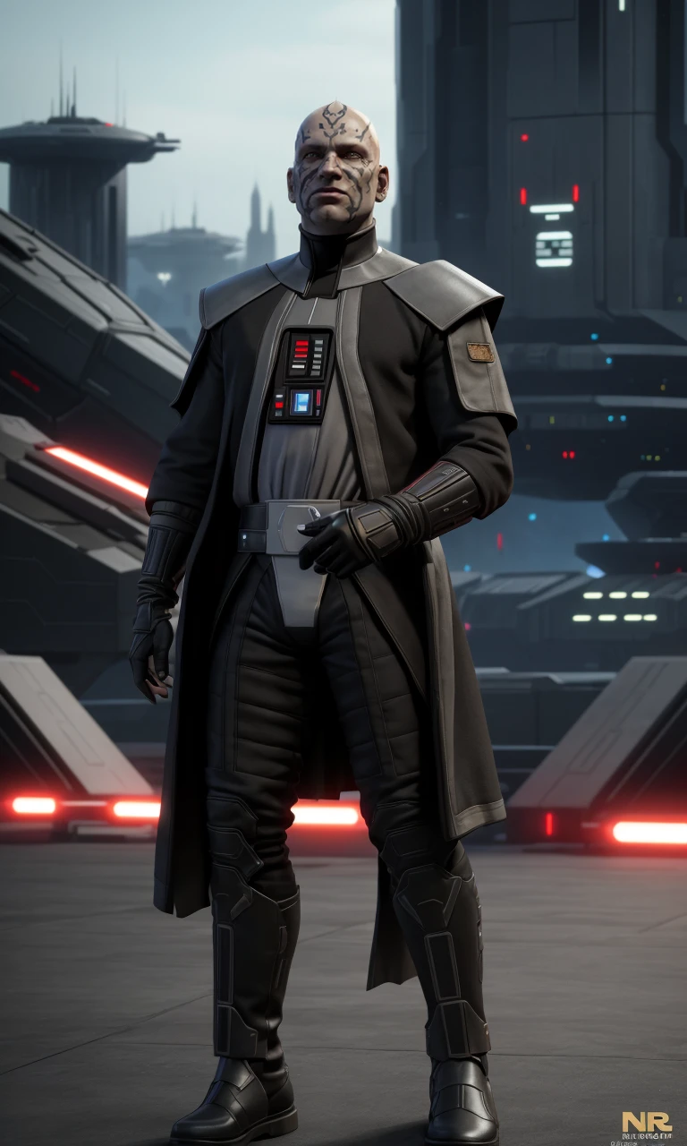 Rattataki2023, bald, grey skin, 1 man, sith, , 8k, uhd, best quality, trending on arstation, full body, photorealistic, masterpiece, raw image, skin pores, detailed skin, 5 fingers, face tattoo, star wars, sci-fi city, spaceships in background, cool armor