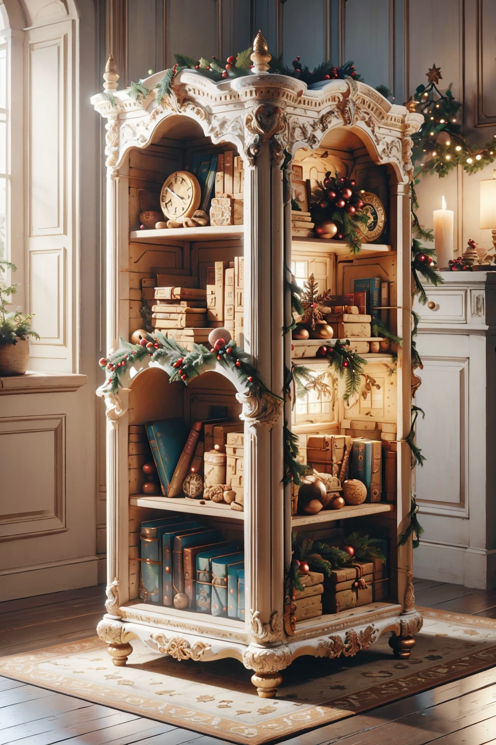 masterpiece, best quality, <lora:sugarcookiestyle-nvwls-v1-000009:1> sugarcookiestyle bookcase, wreath, holly, tinsel, christmas tree, no humans