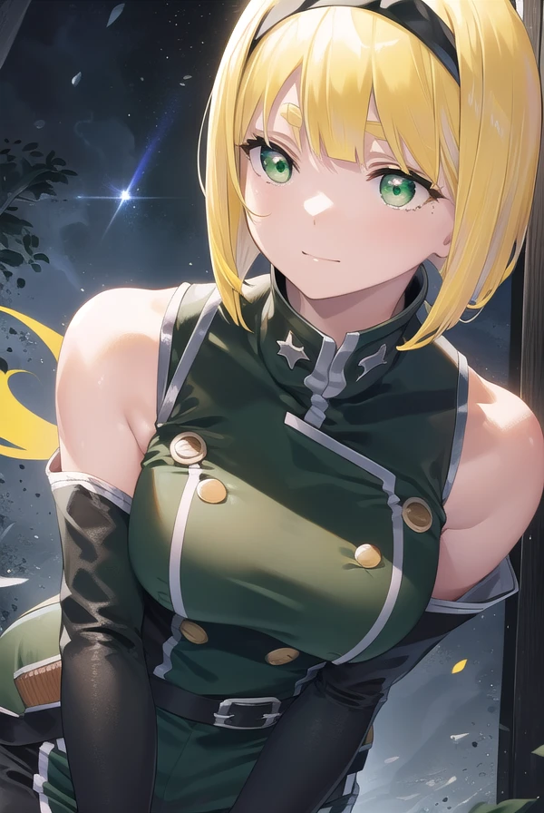 shushusuruga, <lora:shushu suruga manga-lora-nochekaiser:1>,
shushu suruga, short hair, bangs, hair ribbon, hairband, blunt bangs, thick eyebrows, (green eyes:1.5), (yellow hair:1.5), smile,
BREAK gloves, shorts, elbow gloves, belt, buttons, military uniform, military, (bare shoulders:1.5), (black military uniform:1.7),
BREAK outdoors, space, starry sky, star \(sky\), moon,
BREAK looking at viewer, (cowboy shot:1.5),
BREAK <lyco:GoodHands-beta2:1>, (masterpiece:1.2), best quality, high resolution, unity 8k wallpaper, (illustration:0.8), (beautiful detailed eyes:1.6), extremely detailed face, perfect lighting, extremely detailed CG, (perfect hands, perfect anatomy),