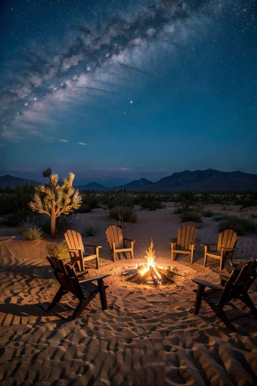 A night scene in the desert with a star-filled sky, a bonfire, and silhouettes of distant mountains