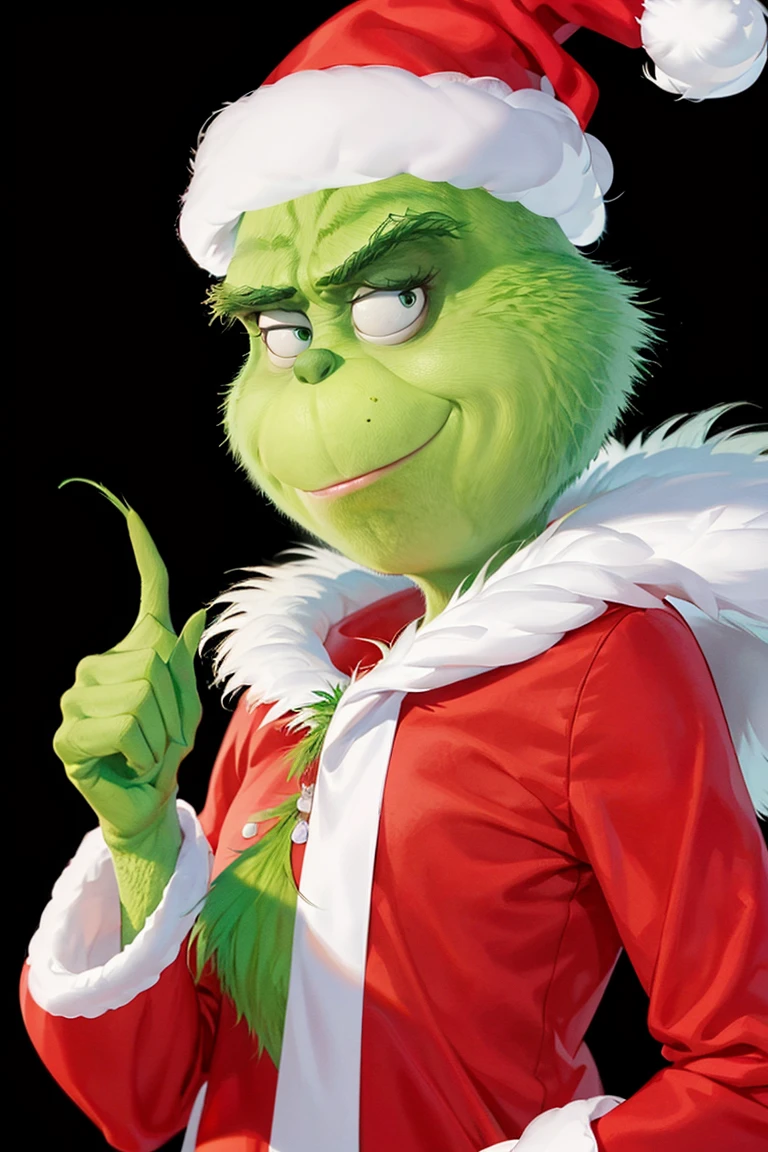 ((masterpiece,best quality)), absurdres,
<lora:Grinch_v2:0.8>, Grinch,
Grinch_Classic, simple background, 1boy, hat, upper body, male focus, black background, christmas, santa hat, santa costume