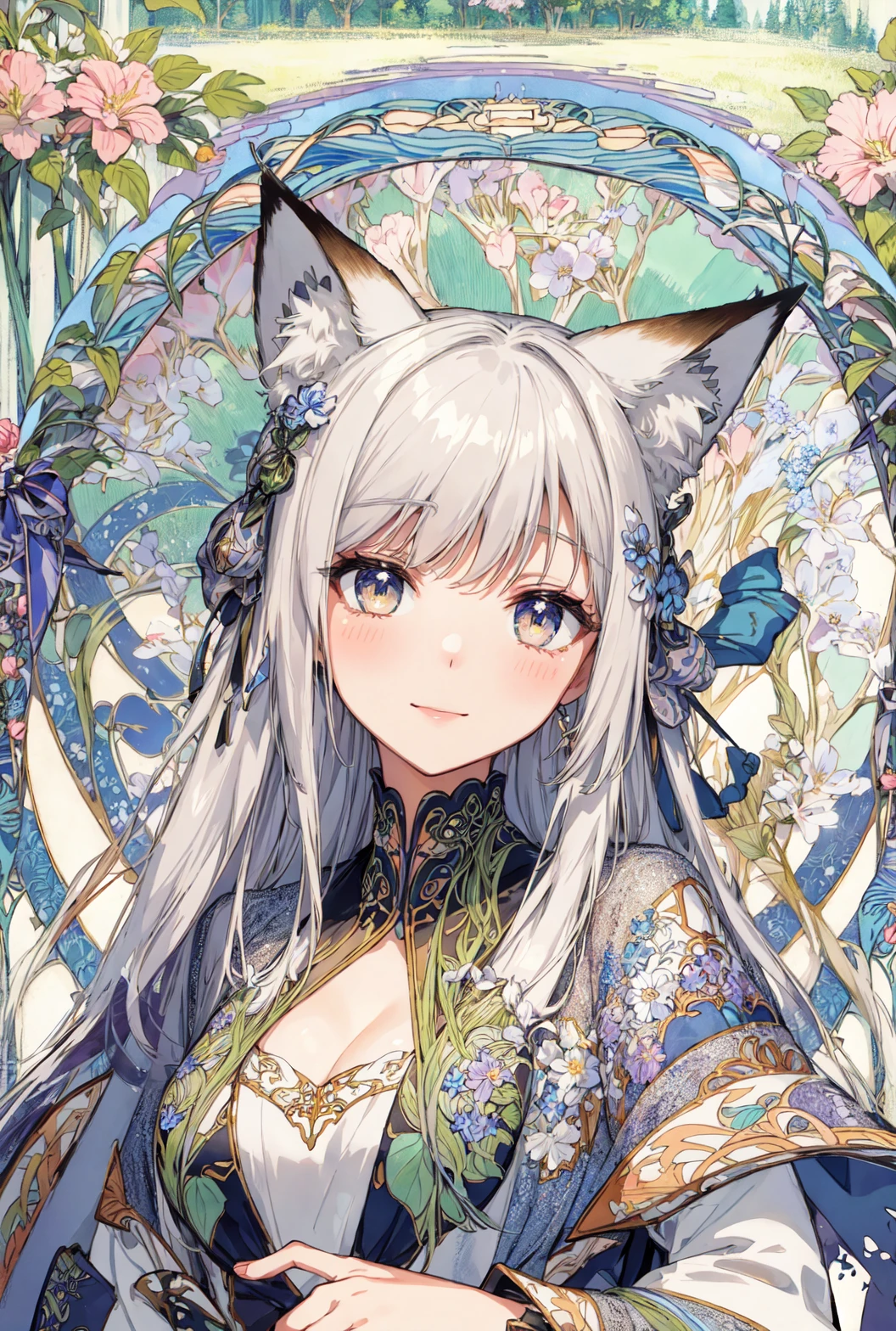 ,ultra detailed,best quality,extremely detailed wallpaper,Positive hires, illustrative expression , fantastic landscape ,(art nouveau:1.5), (zentangle:1.3),,gothic,1girl,fox ears,fox tail,smile,blush,wide shot,silver eyes,Jig eyes,eyelashes,round eyes,eye highlights,jewelry eyes, tearing up , detailed anime face ,screaming,beautiful sky , grassland, colorful flowers,caustics