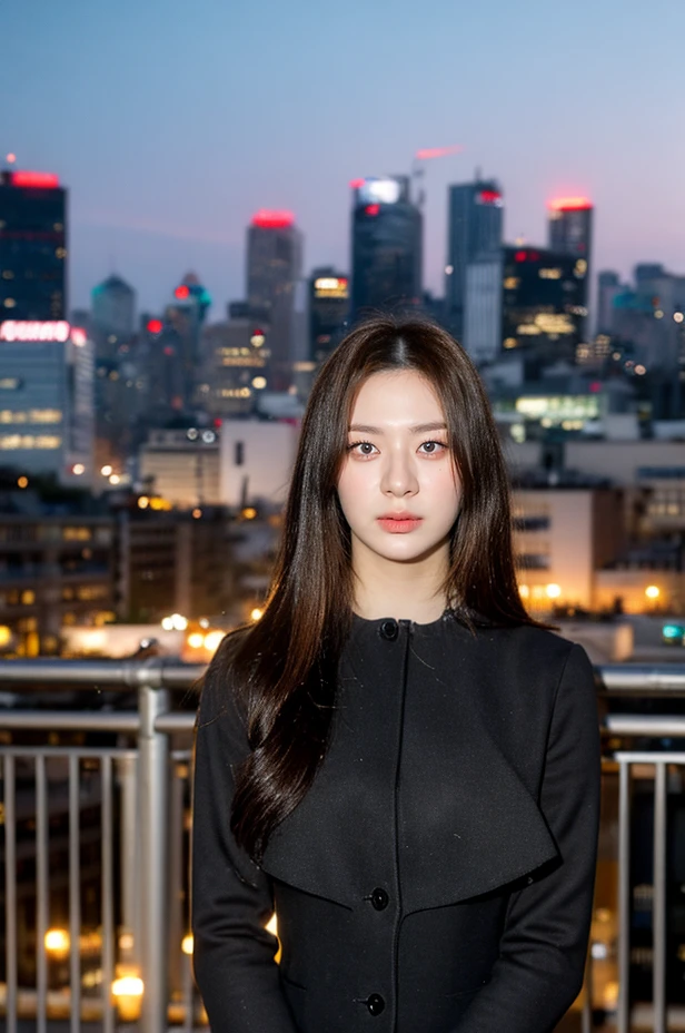 nikon RAW photo, 8k, Fujifilm XT3, blurry background, masterpiece, best quality, 1girl, solo, realistic, photorealistic, (extremely detailed face), looking at viewer, ultra-detailed eyes and pupils, ultra detailed, serious expression, standing against a city skyline at night, <lora:seeunlorashyv1_5:1>