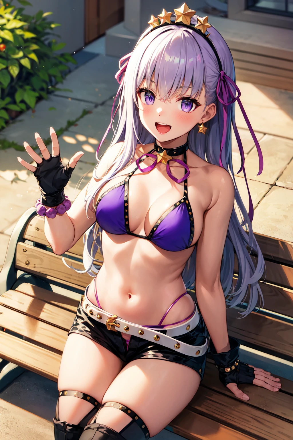 masterpiece, best quality, highres, aabb, long hair, hair ornament, hairband, hair ribbon, purple ribbon, star earrings, dark skin, tan, choker, neck ribbon, purple bikini, bracelet, fingerless gloves, black gloves, white belt, black shorts, black thighhighs, <lora:bb_(swimsuit_mooncancer)_(fate)_v1:0.7>, sitting, bench, waving, smile, open mouth,