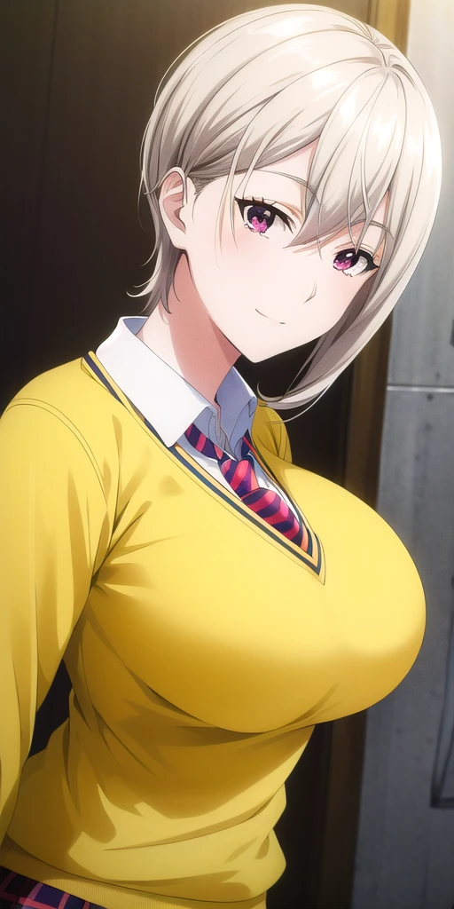 <lora:nakiri_aliceV3:0.65> nakiri_alice, huge_breasts, standing, solo, School_uniform_White_shirt_Brown_miniskirt_Yellow_sweater_Red_necktie, masterpiece, best quality, detailed face, detailed eyes, highres,