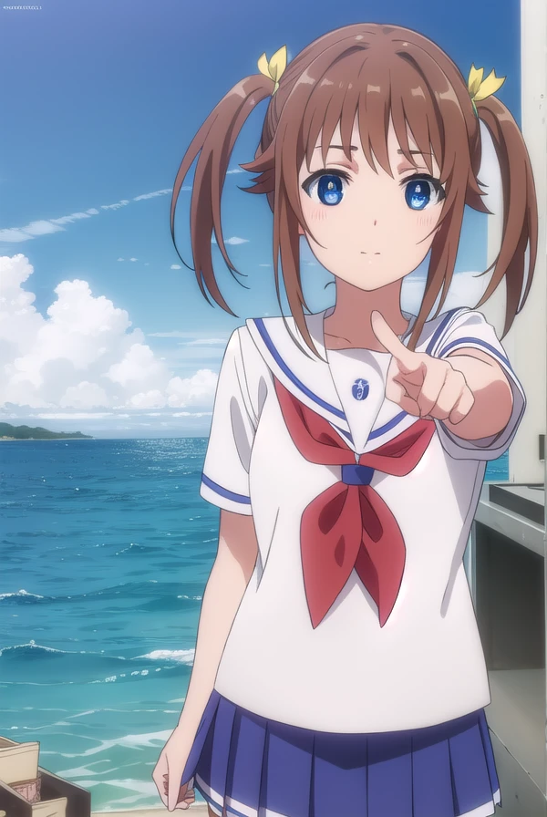 akenomisaki, <lora:akeno misaki s1-lora-nochekaiser:1>,
akeno misaki, ribbon, short hair, blue eyes, brown hair, twintails, hair ribbon, smile,
BREAK skirt, school uniform, short sleeves, pleated skirt, serafuku, socks, blue skirt, neckerchief, red neckerchief, white sailor collar,
BREAK outdoors, ocean, boat, navy,
BREAK looking at viewer, (cowboy shot:1.5),
BREAK <lyco:GoodHands-beta2:1>, (masterpiece:1.2), best quality, high resolution, unity 8k wallpaper, (illustration:0.8), (beautiful detailed eyes:1.6), extremely detailed face, perfect lighting, extremely detailed CG, (perfect hands, perfect anatomy),