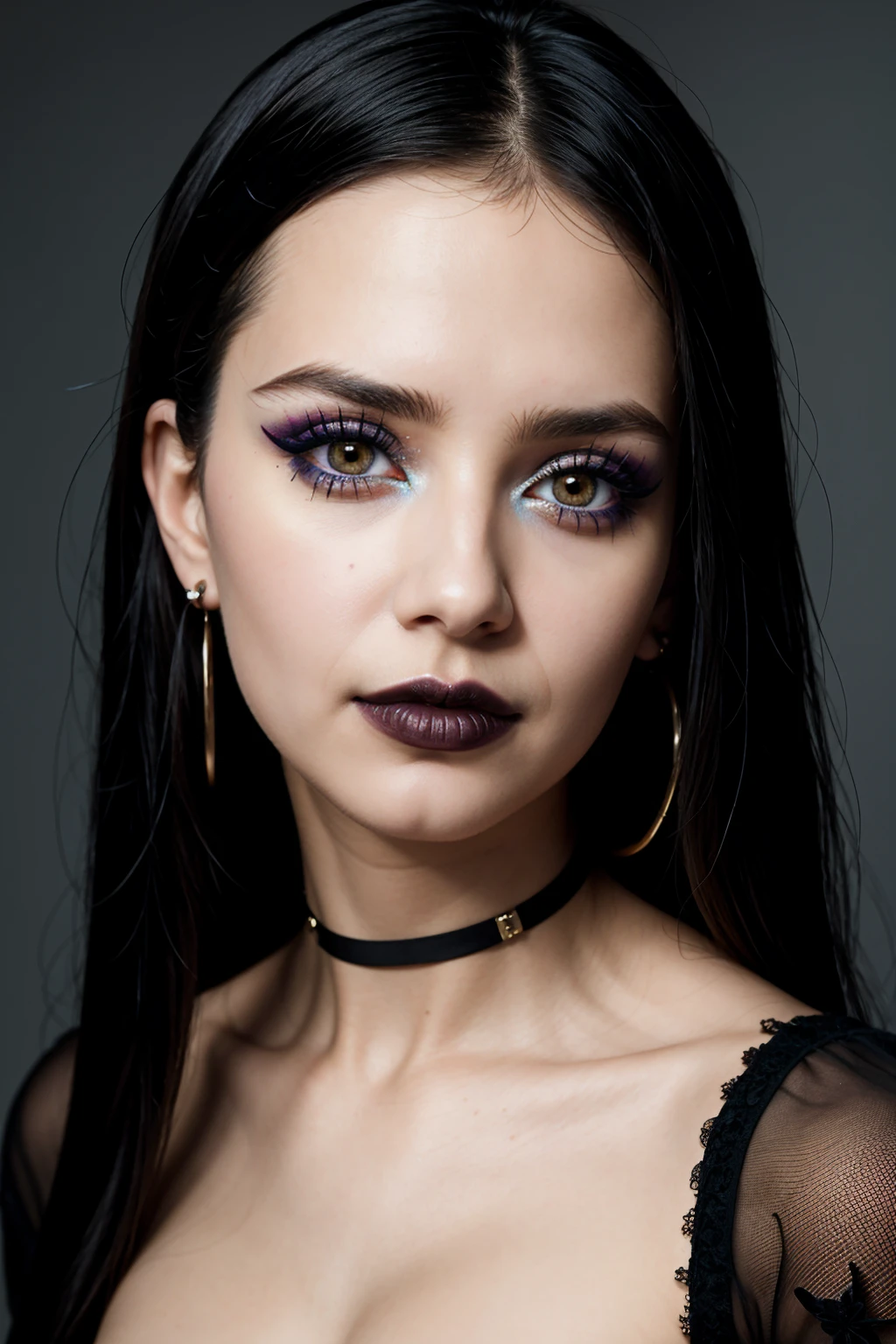 (masterpiece, best quality, high resolution:1.2), detailed face, detailed eyes, detailed skin, extremely detailed, intricate details,
portrait glamour photograph of a 21 year old goth girl, dark make-up, piercings and jewelry, dimples, looking at viewer