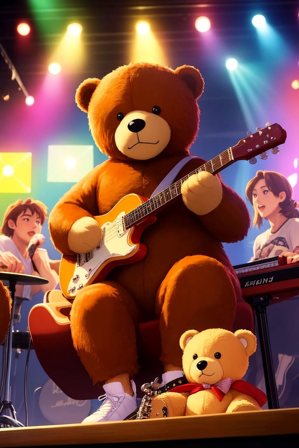 (Masterpiece, best quality:1.2), Animal-personified bear, 1 teddybear, playing guitar in a club