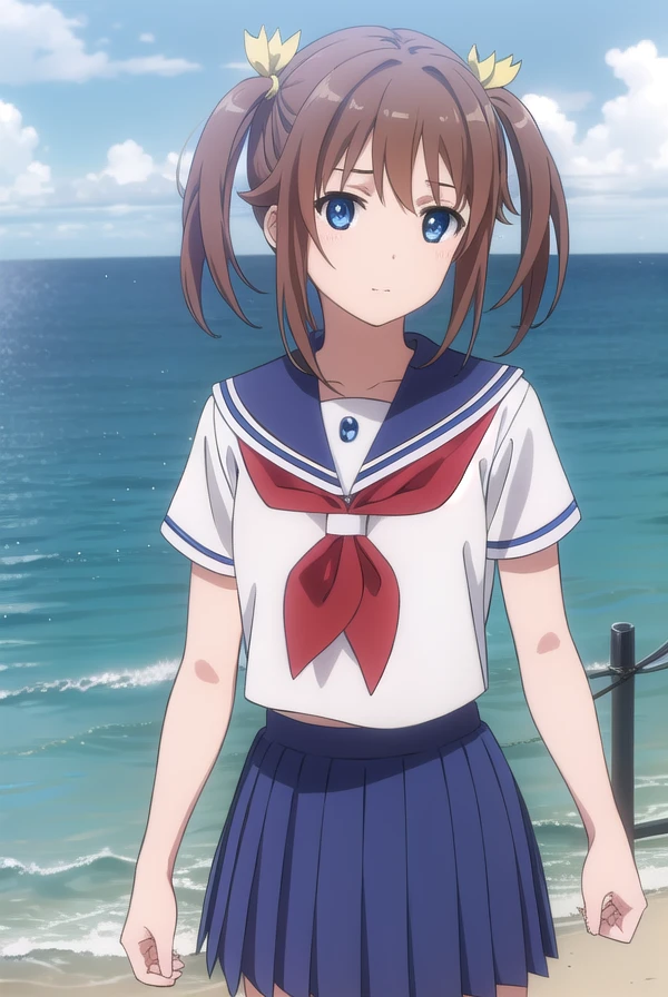 akenomisaki, <lora:akeno misaki s1-lora-nochekaiser:1>,
akeno misaki, ribbon, short hair, blue eyes, brown hair, twintails, hair ribbon, smile,
BREAK skirt, school uniform, short sleeves, pleated skirt, serafuku, socks, blue skirt, neckerchief, red neckerchief, white sailor collar,
BREAK outdoors, ocean, boat, navy,
BREAK looking at viewer, (cowboy shot:1.5),
BREAK <lyco:GoodHands-beta2:1>, (masterpiece:1.2), best quality, high resolution, unity 8k wallpaper, (illustration:0.8), (beautiful detailed eyes:1.6), extremely detailed face, perfect lighting, extremely detailed CG, (perfect hands, perfect anatomy),