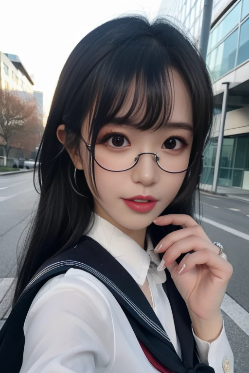 (RAW photos:1.2),high high quality,Beautiful Meticulous Girl,Highly detailed eyes and face,beatiful detailed eyes,hugefilesize,A high resolution,8k wallpapenely detailled,Highly detailed stock code uniform 8k wallpaper,light in face,light,16 year old girl,A sexy pose,(photo-realism:1.4),illustratio,ultra-realistic realism,super detailing, tmasterpiece, Current School Classroom,On the podium,Wear a school uniform,wears glasses,Bigchest,low chest