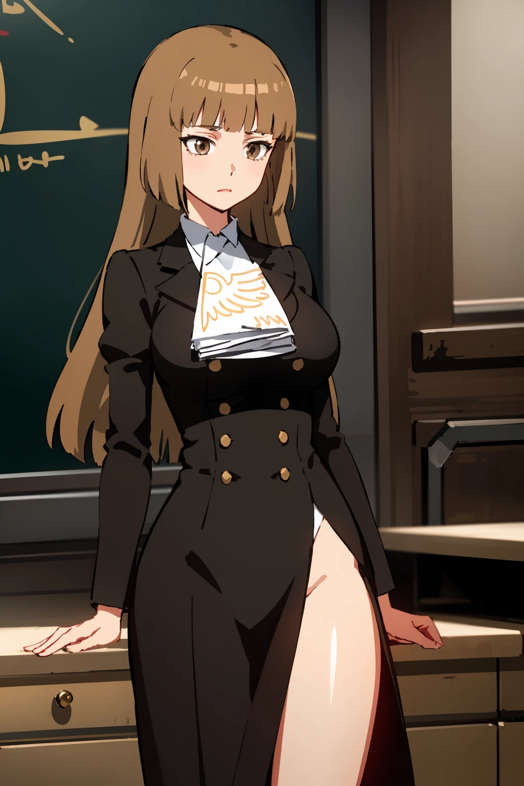 masterpiece,high quality,highres,1girl,solo,large breasts,wide hips,mature female,<lora:umi-rosa-v3-wasabiya:1>, umirosa,long hair,brown eyes,brown hair,blunt bangs,hime cut,black dress,ascot,