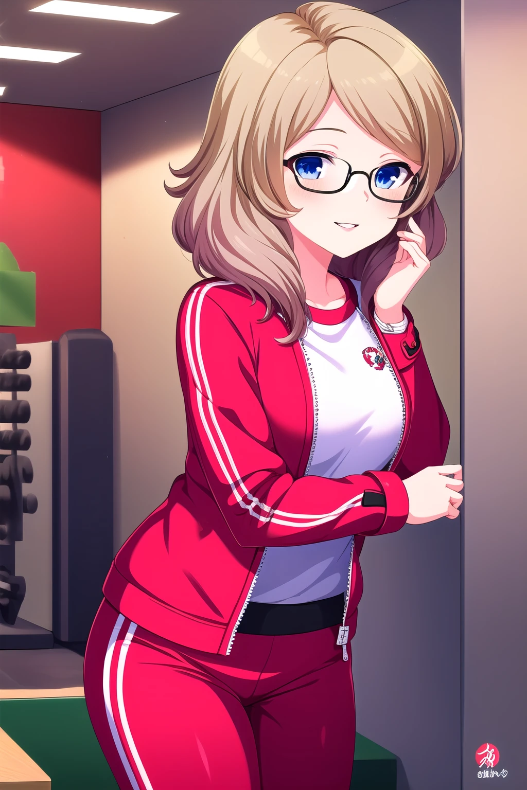 (masterpiece, best quality), highly detailed background, perfect lightingbest quality, yugekaede, solo, indoors blonde hair, multicolored hair, brown hair, short hair, glasses, blue eyes, red coat, red jacket, <lora:GoodHands-vanilla:1>, red pants, long pants, gym uniform, smile, closed mouth, parted lips, pink lips, <lora:Yuge-Kaede:0.7>