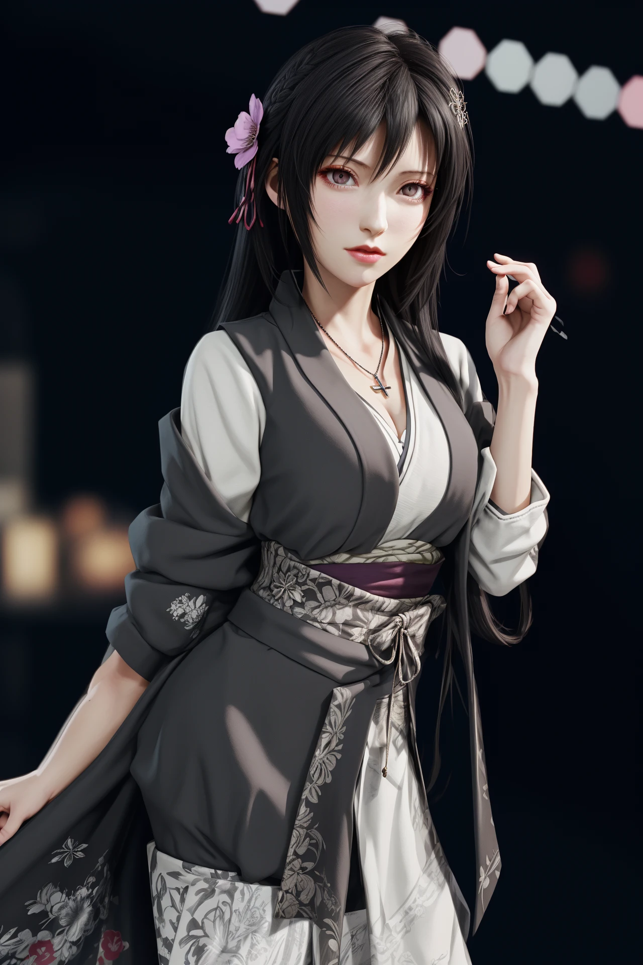 1girl,hair ornament,grey_kimono,tifa lockhart,<lora:好åç±³-tifa-v3:0.6>,