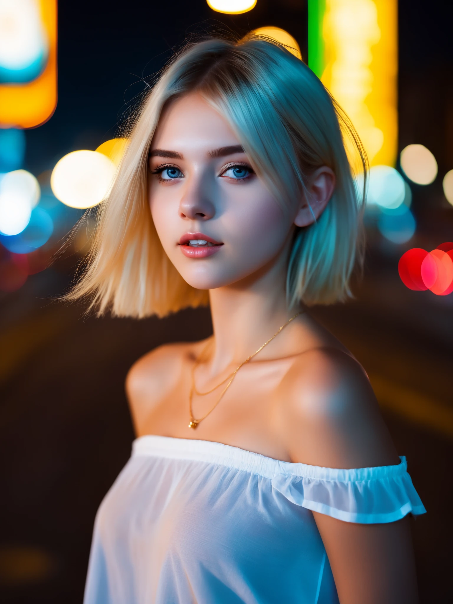 Extremely beautiful 18yo girl runing,(Extremely cure beauty:1.2),highly clear face,Night noise city road,very cute,phenomenal aesthetic,Amazing photos,Cinematic Lighting,Clear perfect eyes,light gold short hair,bokeh,Sexy self-confidence,proud and independent,NSFW,flowing light and colorful colors,